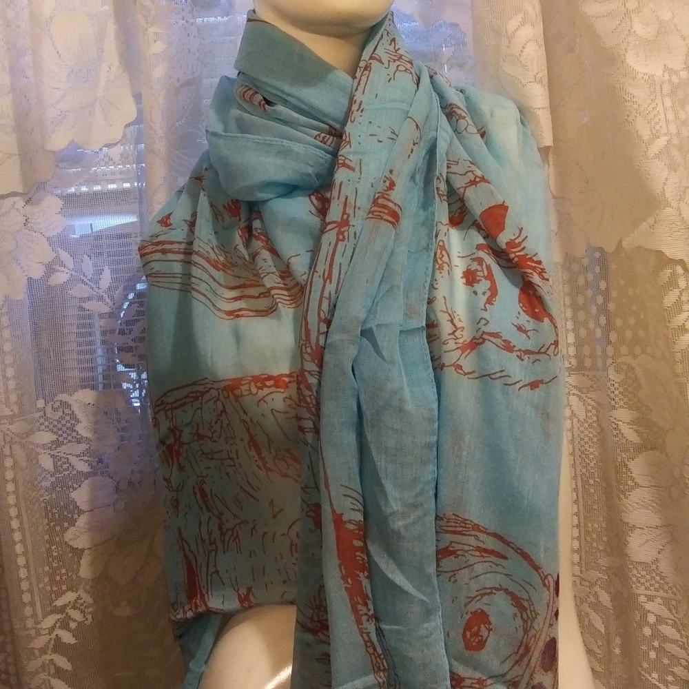 New LOF Blue Owl Print Oblong Wrap Scarf